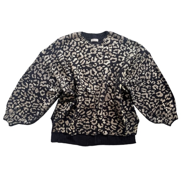 ANDTHEWHY Sweaters - ANDTHEWHY Women’s S/M Black Metallic Gold Leopard Print Balloon Sl. Knit Sweater